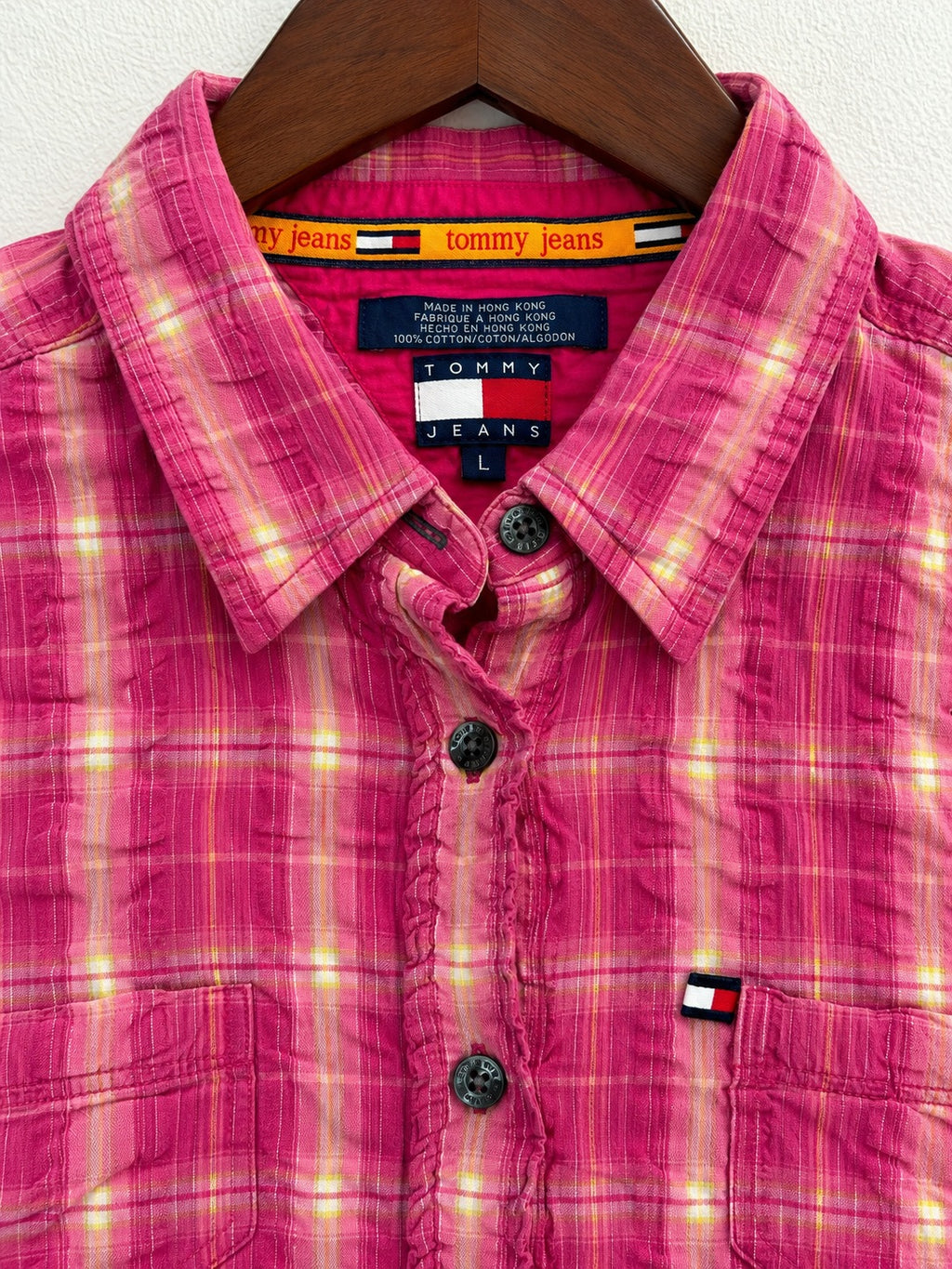 Women's Tommy Jeans Pink Plaid Short-Sleeve Button-Up Shirt – Size L