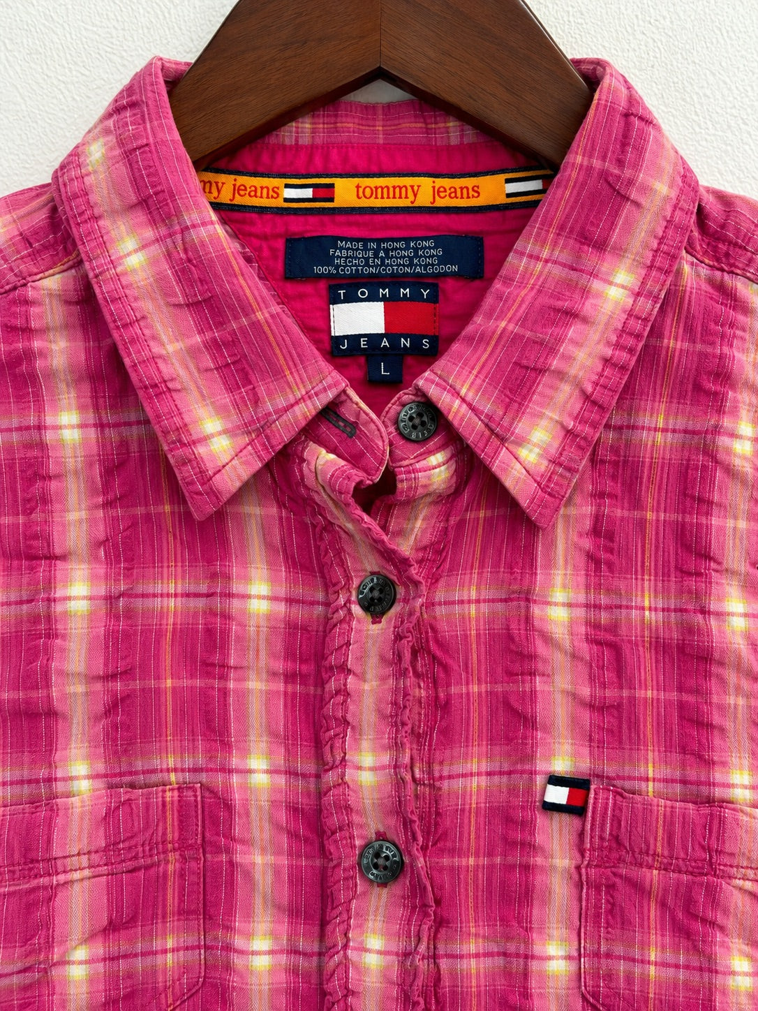 Women's Tommy Jeans Pink Plaid Short-Sleeve Button-Up Shirt – Size L