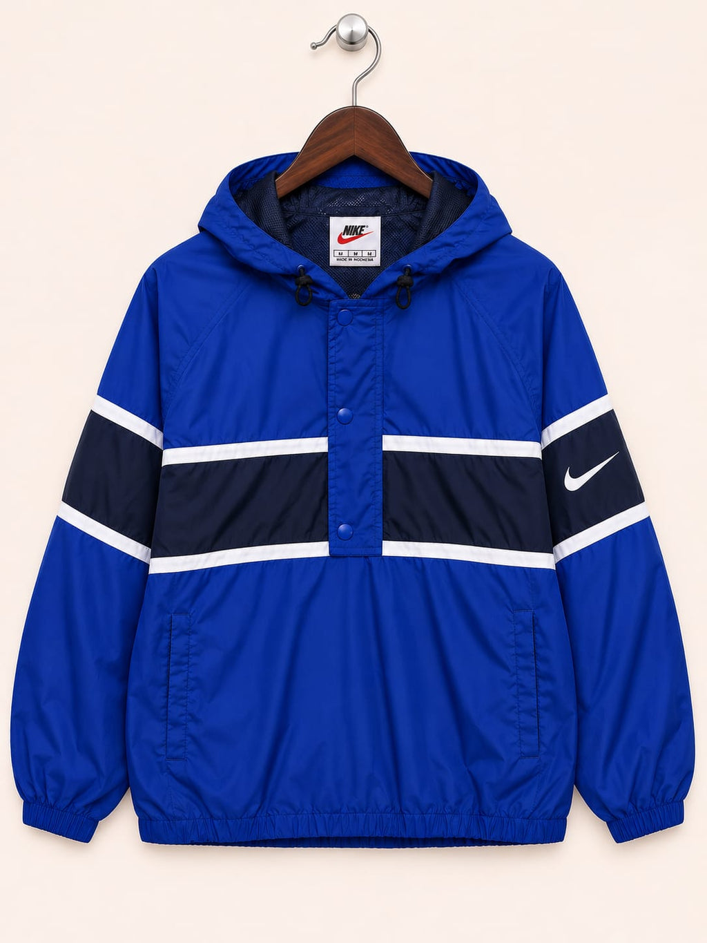 Nike Men's Royal Blue and Black Vintage Pullover Hooded Windbreaker Jacket