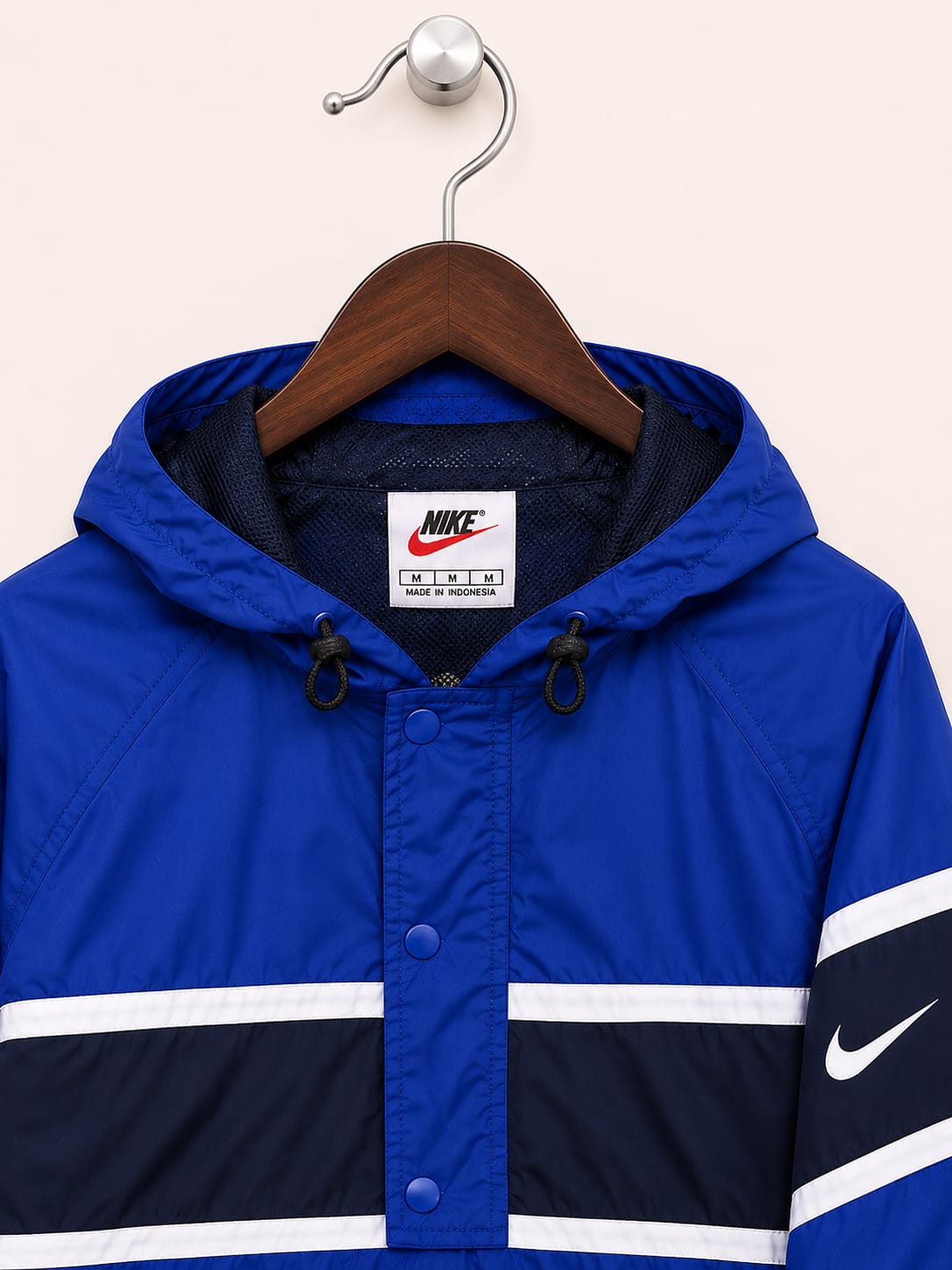 Nike Men's Royal Blue and Black Vintage Pullover Hooded Windbreaker Jacket