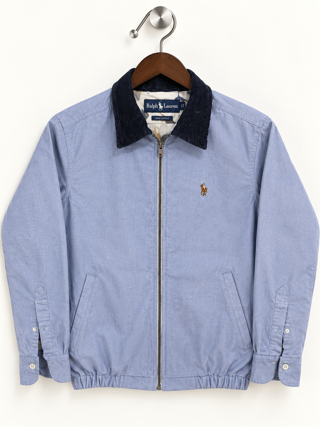 Ralph Lauren Men's Light Blue Cotton Full-Zip Jacket with Corduroy Collar