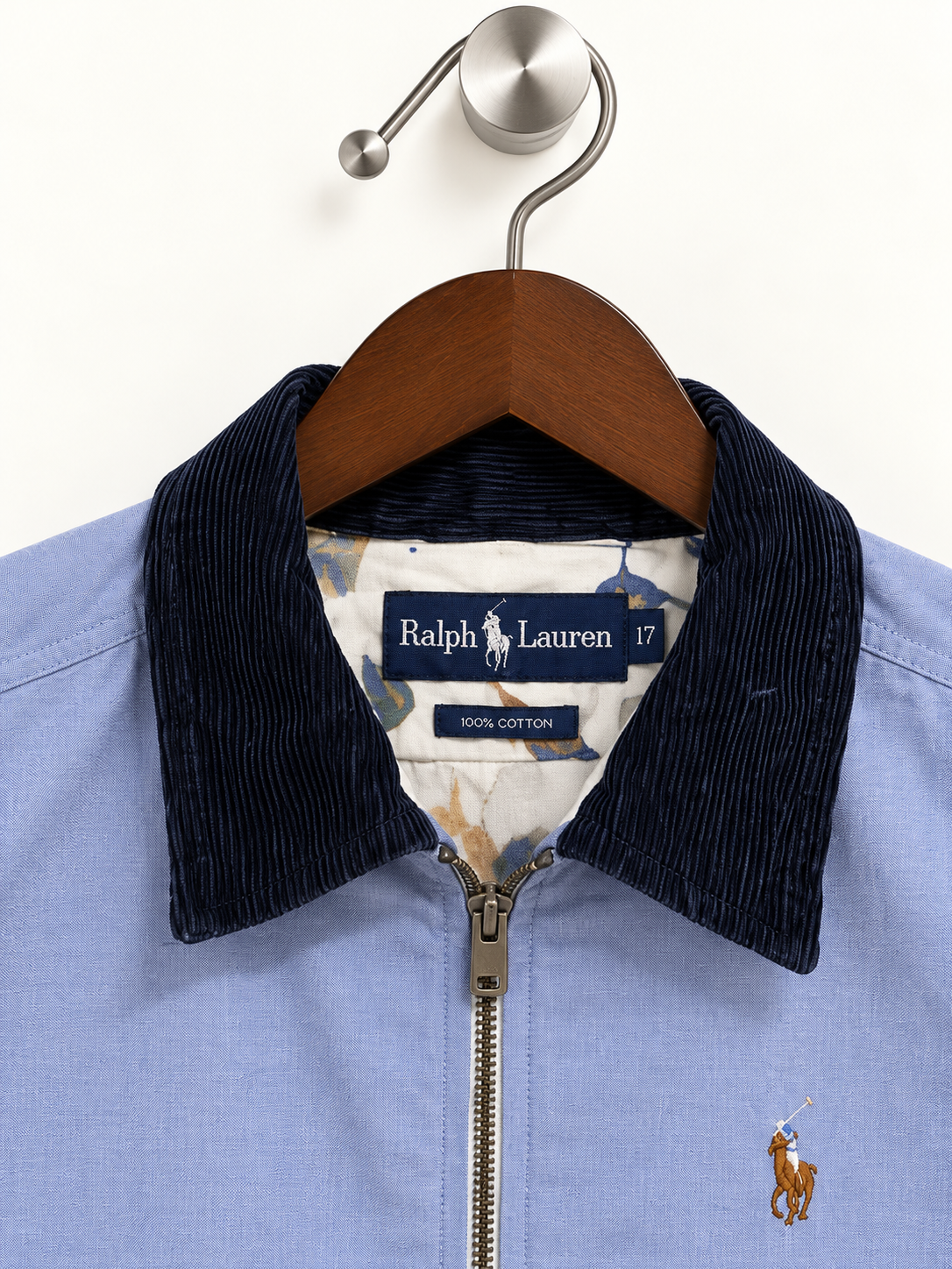 Ralph Lauren Men's Light Blue Cotton Full-Zip Jacket with Corduroy Collar