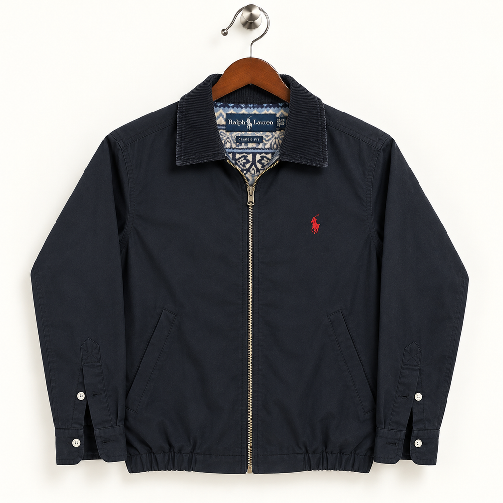 Ralph Lauren Men's Classic Fit Black Full-Zip Casual Jacket with Contrast Collar