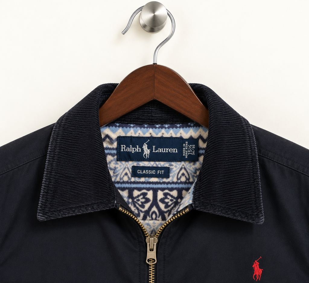Ralph Lauren Men's Classic Fit Black Full-Zip Casual Jacket with Contrast Collar