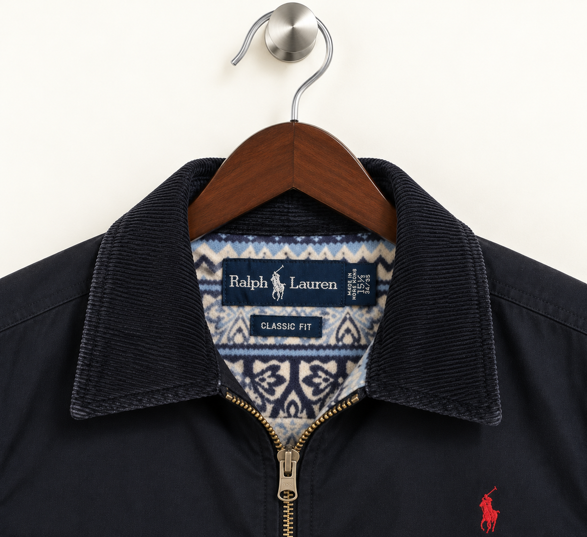 Ralph Lauren Men's Classic Fit Black Full-Zip Casual Jacket with Contrast Collar