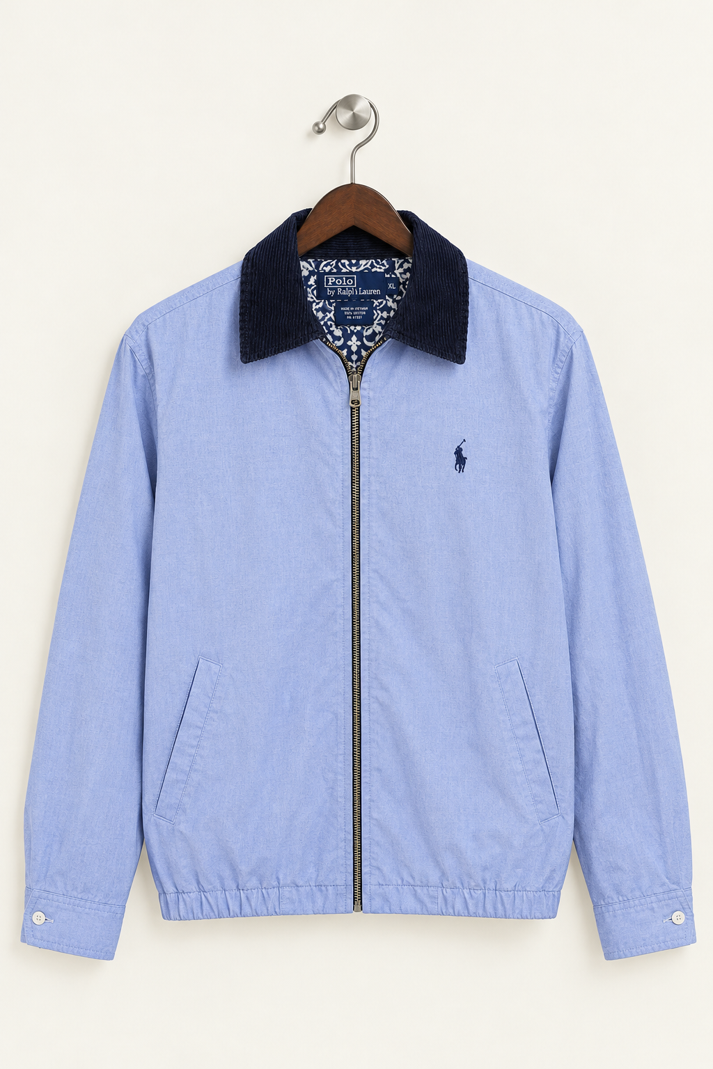 Ralph Lauren Men's Light Blue Full-Zip Casual Jacket with Contrast Collar (Little Damaged)