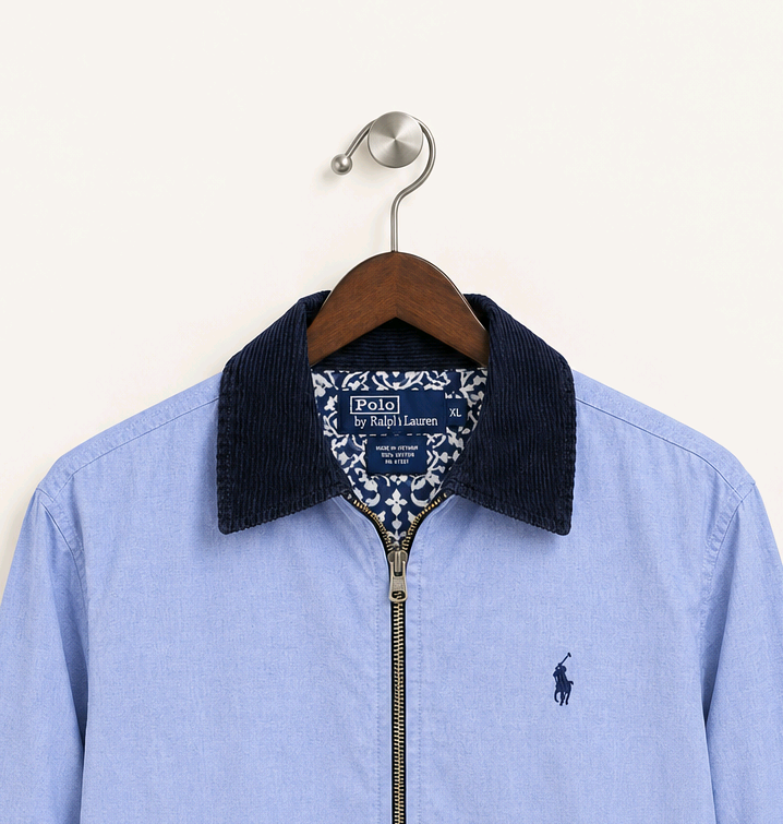 Ralph Lauren Men's Light Blue Full-Zip Casual Jacket with Contrast Collar (Little Damaged)