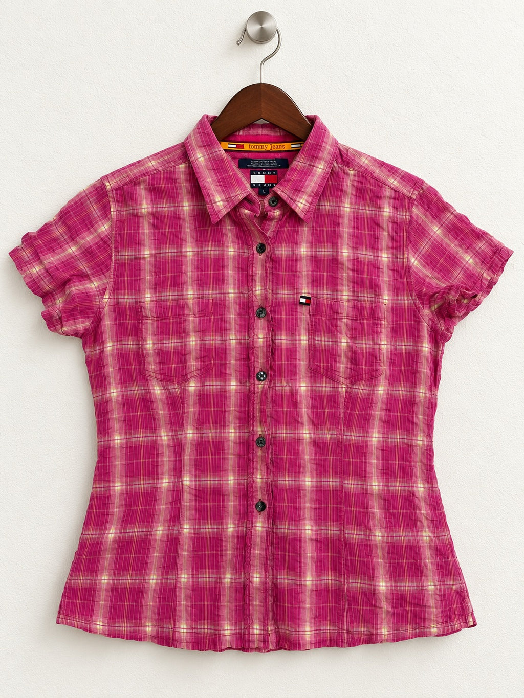 Women's Tommy Jeans Pink Plaid Short-Sleeve Button-Up Shirt – Size L