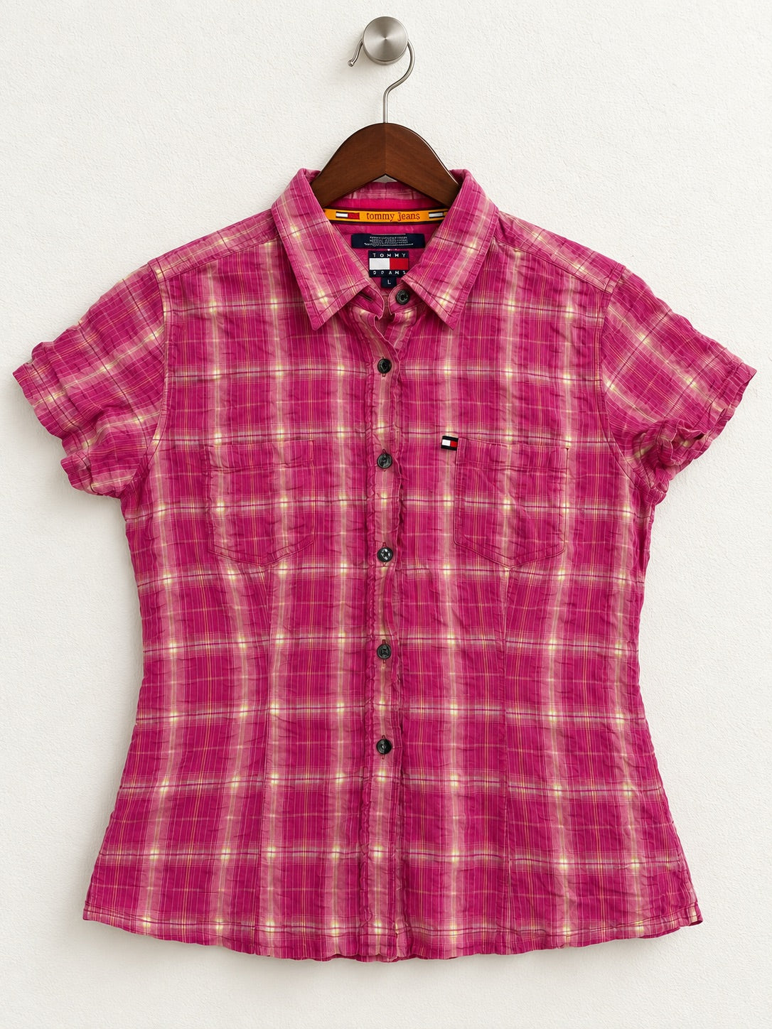 Women's Tommy Jeans Pink Plaid Short-Sleeve Button-Up Shirt – Size L