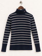 Women's Tommy Hilfiger Navy Striped Ribbed Turtleneck Sweater – Size M