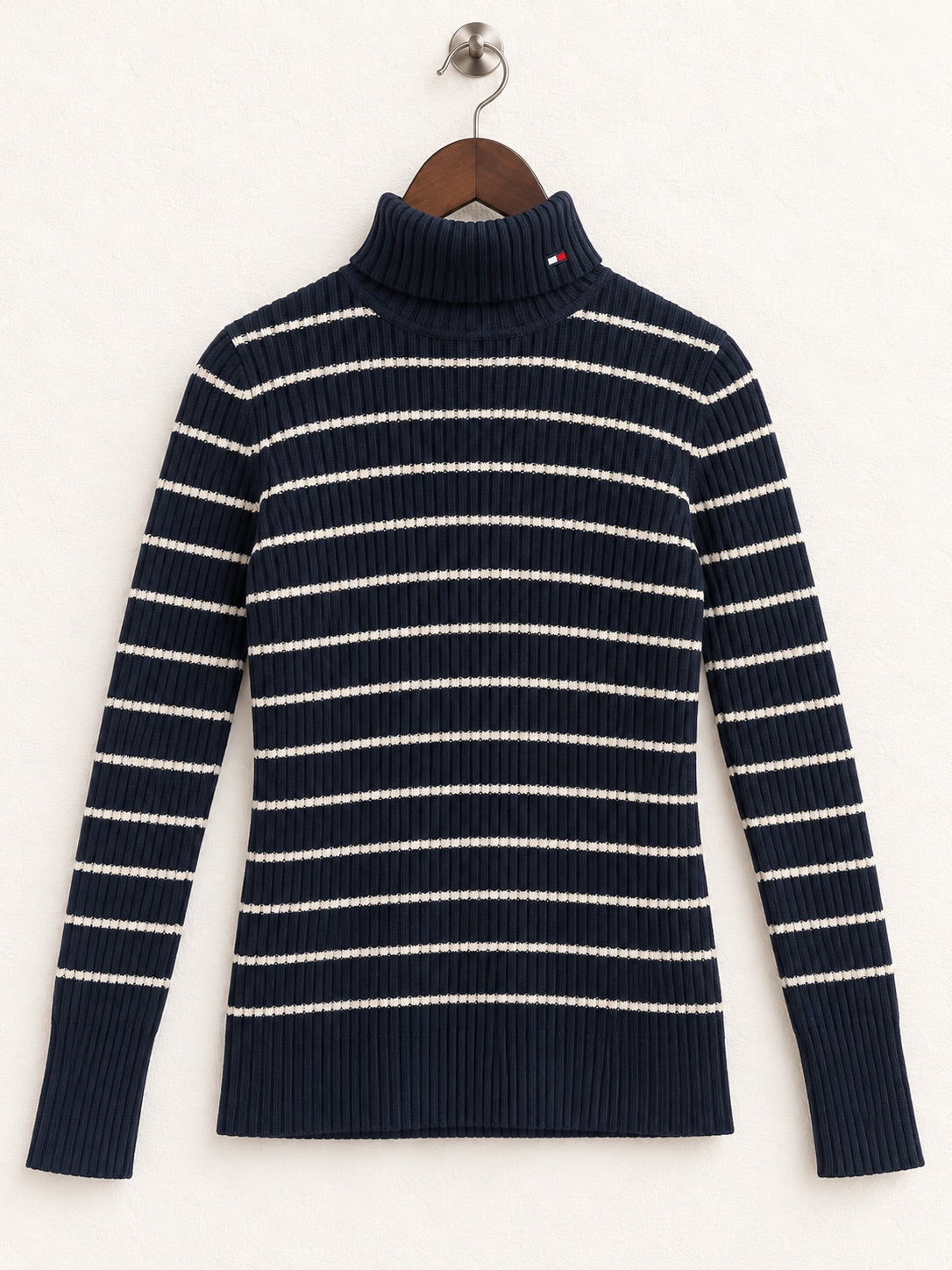 Women's Tommy Hilfiger Navy Striped Ribbed Turtleneck Sweater – Size M